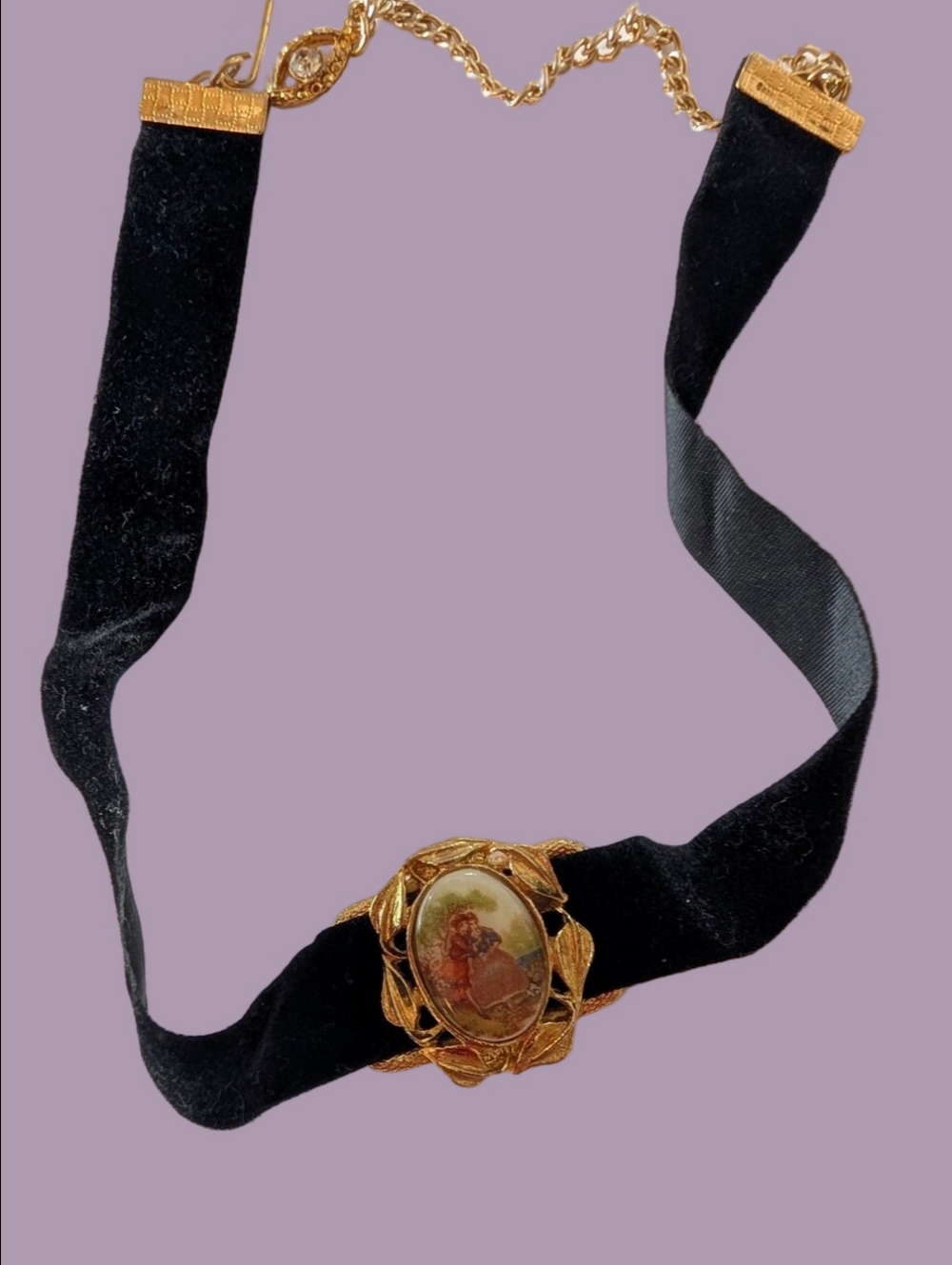 Vintage Black Velvet Love Story Cameo Choker Necklace 1970